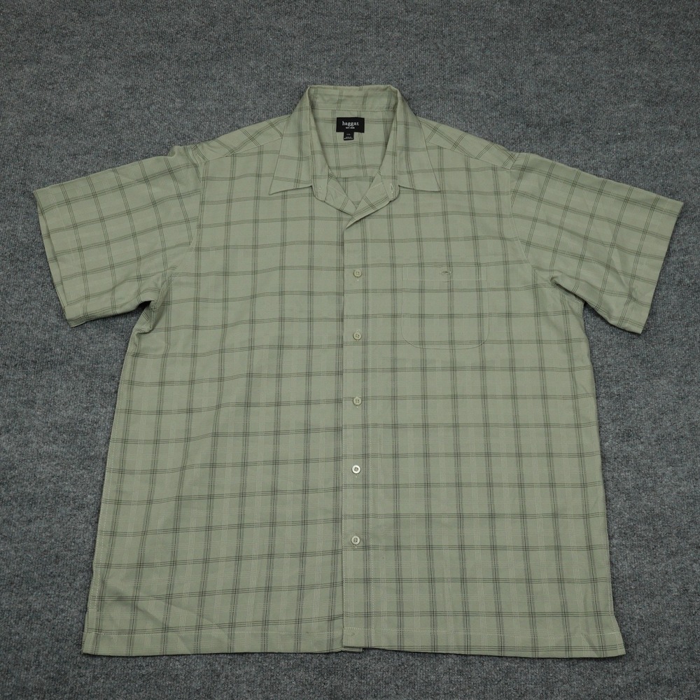 Haggar Shirt Men XXL Sage Green Plaid Short Sleeve Camp Collar Button Front